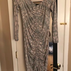 shape taupe snake print slinky ruched bardot midi dress